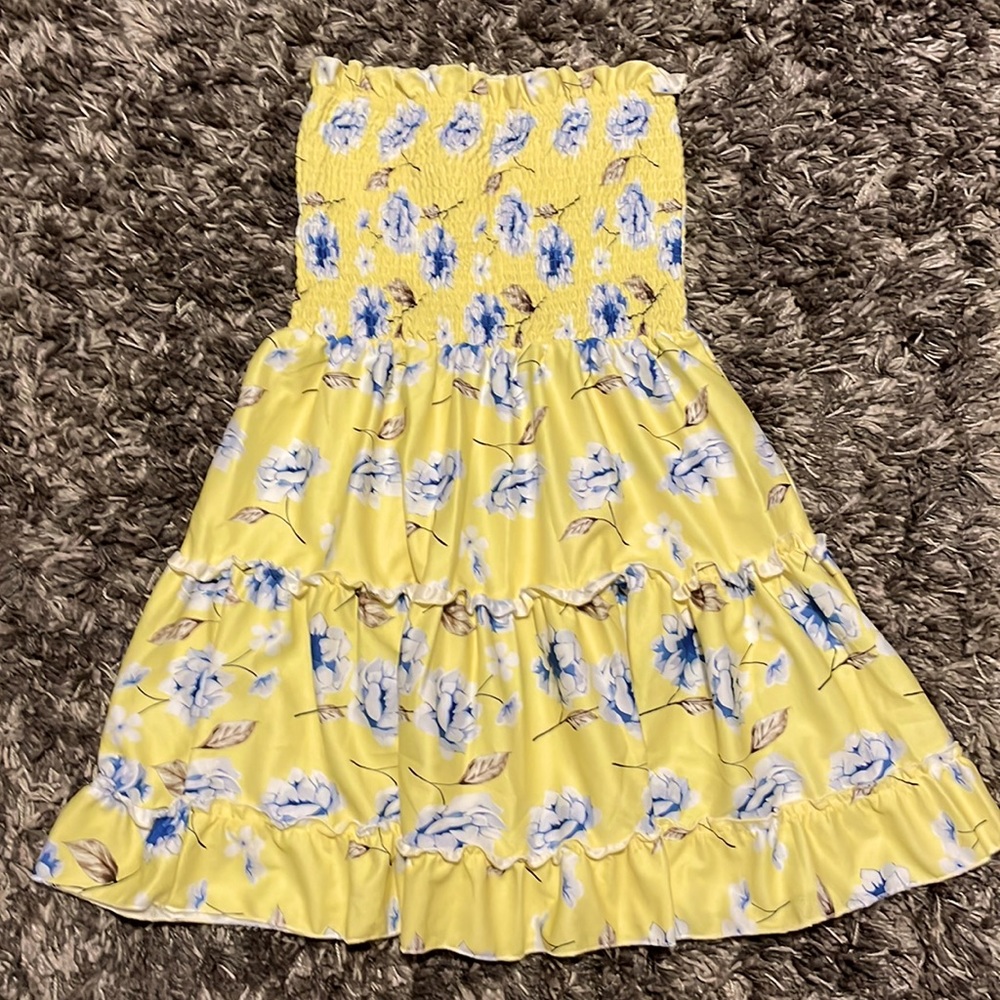Yellow Floral Strapless Ruffled Dress
